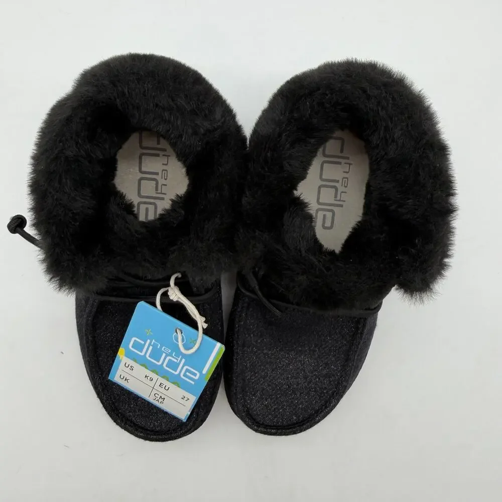 Hey Dude Britt Sparkling Total Black Glitter Cozy FauxFur Casual Shoes Toddler 9